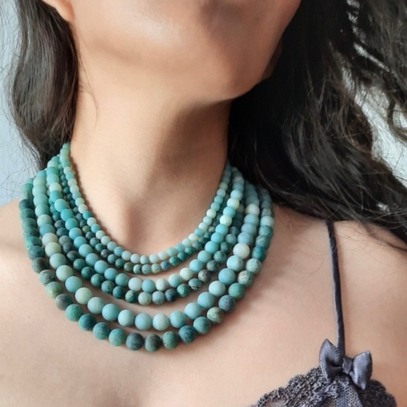 Vintage Jewelry - Vintage 6 Strand Turquoise Round Stone Bead Statement Choker Necklace DGS Turkey